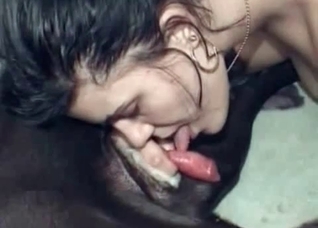 Dog cumming in hot brunette's mouth