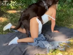 Sex on the campsite between beautiful blonde and her dog